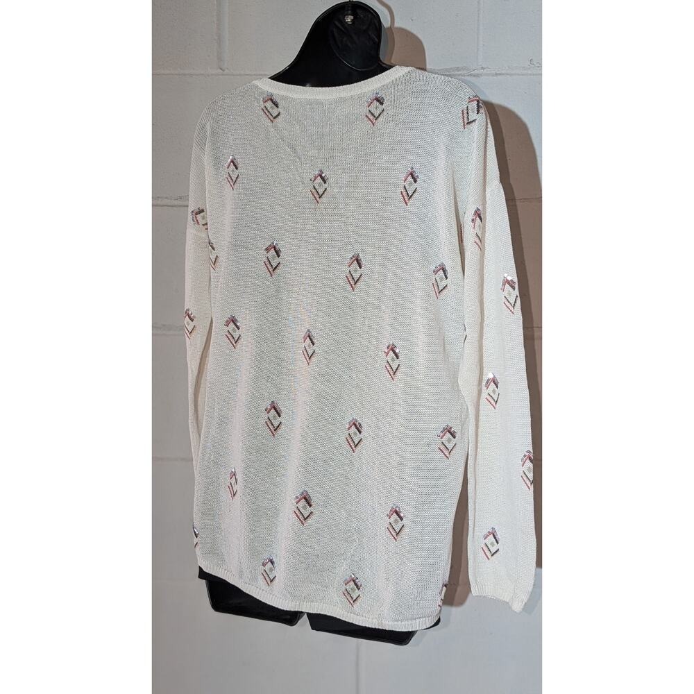 White House Black Market V Neck Knit Sweater Diamond Pattern Pullover Top Medium - Picture 4 of 5